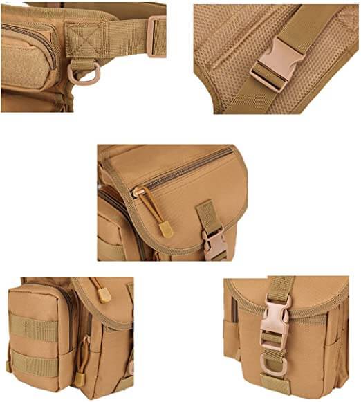Beige tactische beentas voor heren, waterafstotend en duurzaam, ideaal als motorfiets of outdoor reistas.
