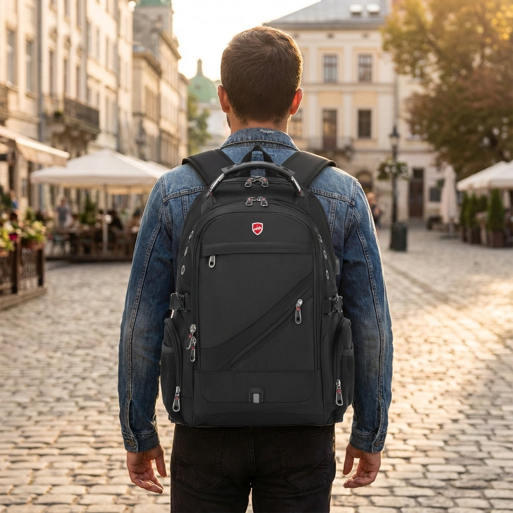 Zwarte unisex antidiefstal reisrugzak met USB-poort, perfect voor veilig reizen en pendelen.