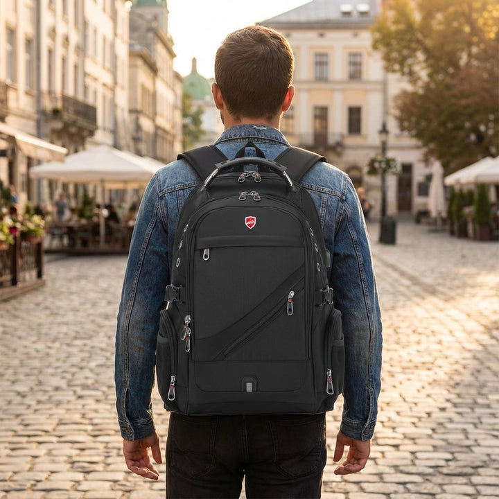 Zwarte unisex antidiefstal reisrugzak met USB-poort, perfect voor veilig reizen en pendelen.