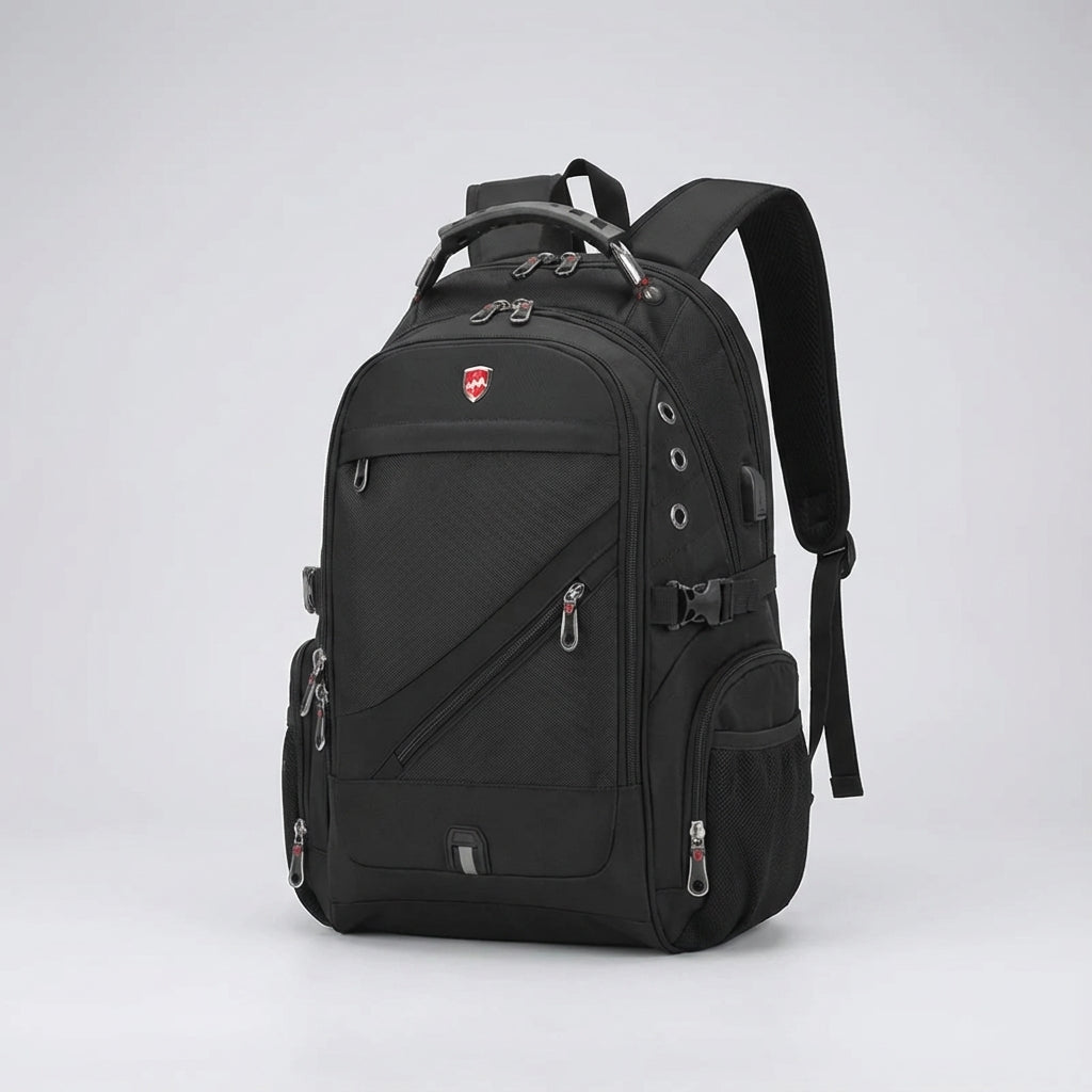 Ergonomische VoyageVault antidiefstal rugzak in modern design, comfortabel voor lange reizen en woon-werkverkeer.
