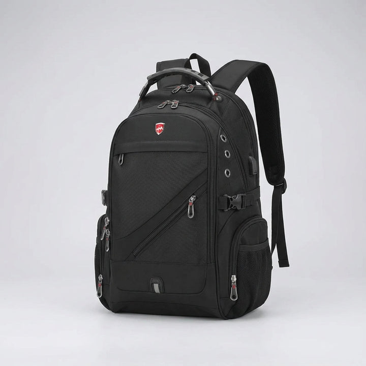 Ergonomische VoyageVault antidiefstal rugzak in modern design, comfortabel voor lange reizen en woon-werkverkeer.