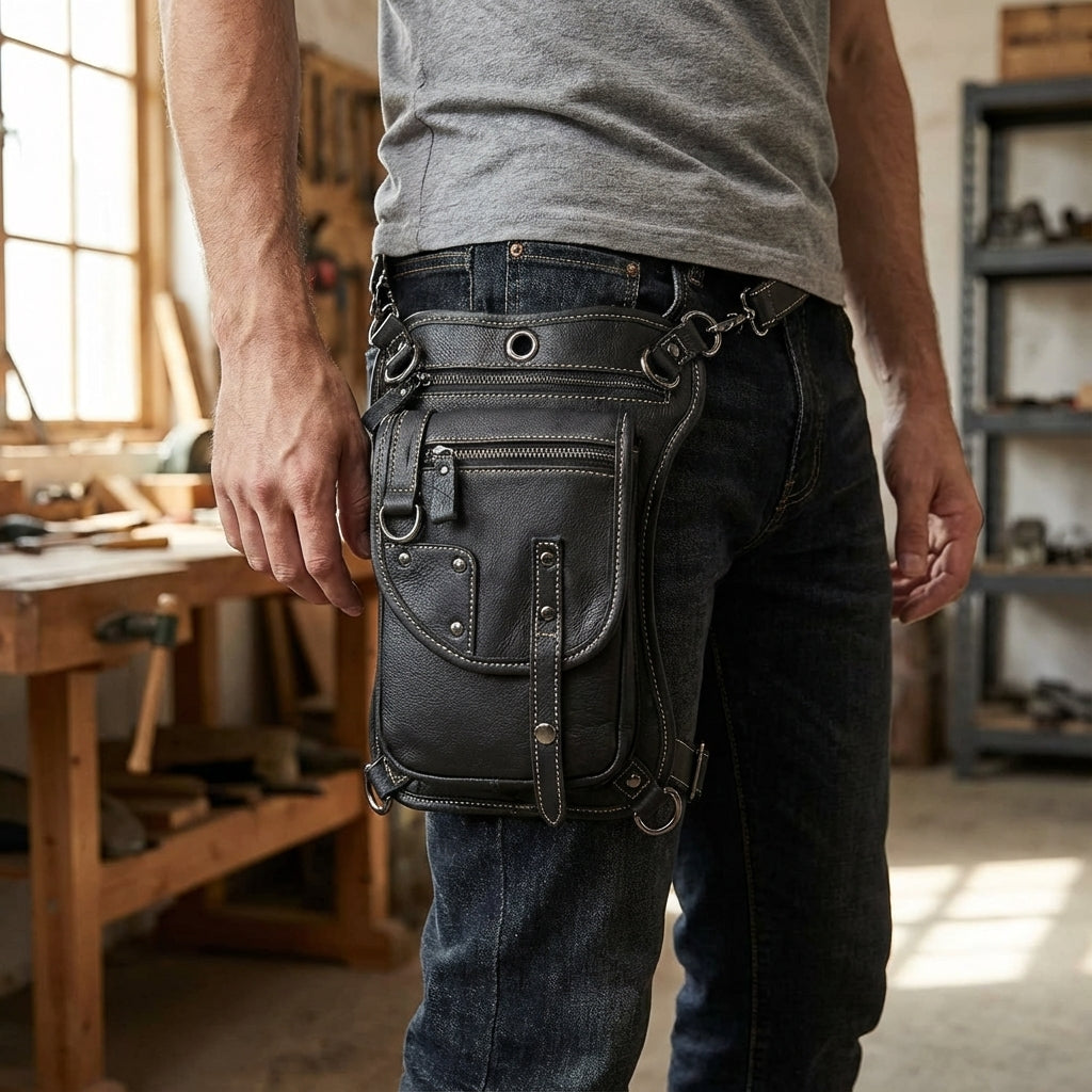 Zwarte unisex CrossGrip beentas, waterbestendig, gedragen aan taille en dij, ideaal voor reizen en outdoor avonturen.
