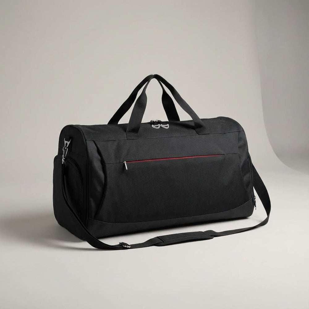 Waterdichte zwarte DufflePro duffeltas 45L met apart schoenenvak, ideaal voor gym, sport en weekendje weg.