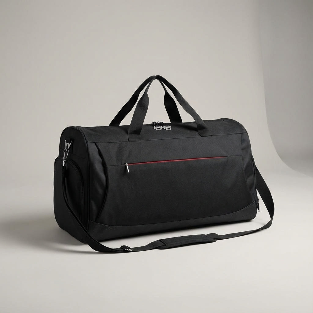 Waterdichte zwarte DufflePro duffeltas 45L met apart schoenenvak, ideaal voor gym, sport en weekendje weg.