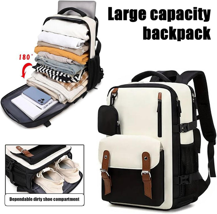 Compacte reisrugzak die uitbreidbaar is, met veel opbergvakken voor laptops en reisbenodigdheden.