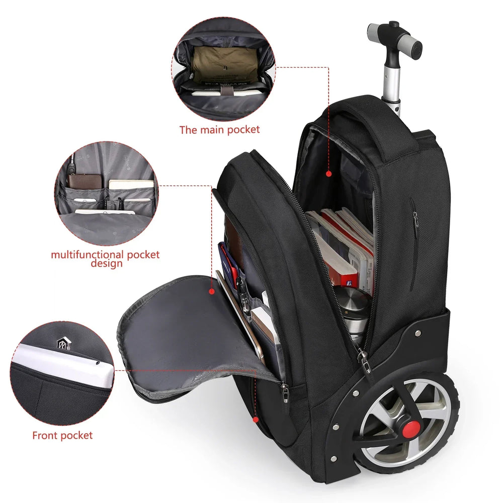 Multifunctionele zwarte zakelijke laptoprugzak Helsinki, een unisex roltrolley en reisrugzak voor werk.
