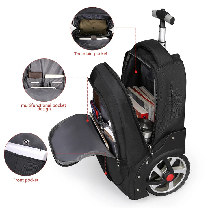 Multifunctionele zwarte zakelijke laptoprugzak Helsinki, een unisex roltrolley en reisrugzak voor werk.