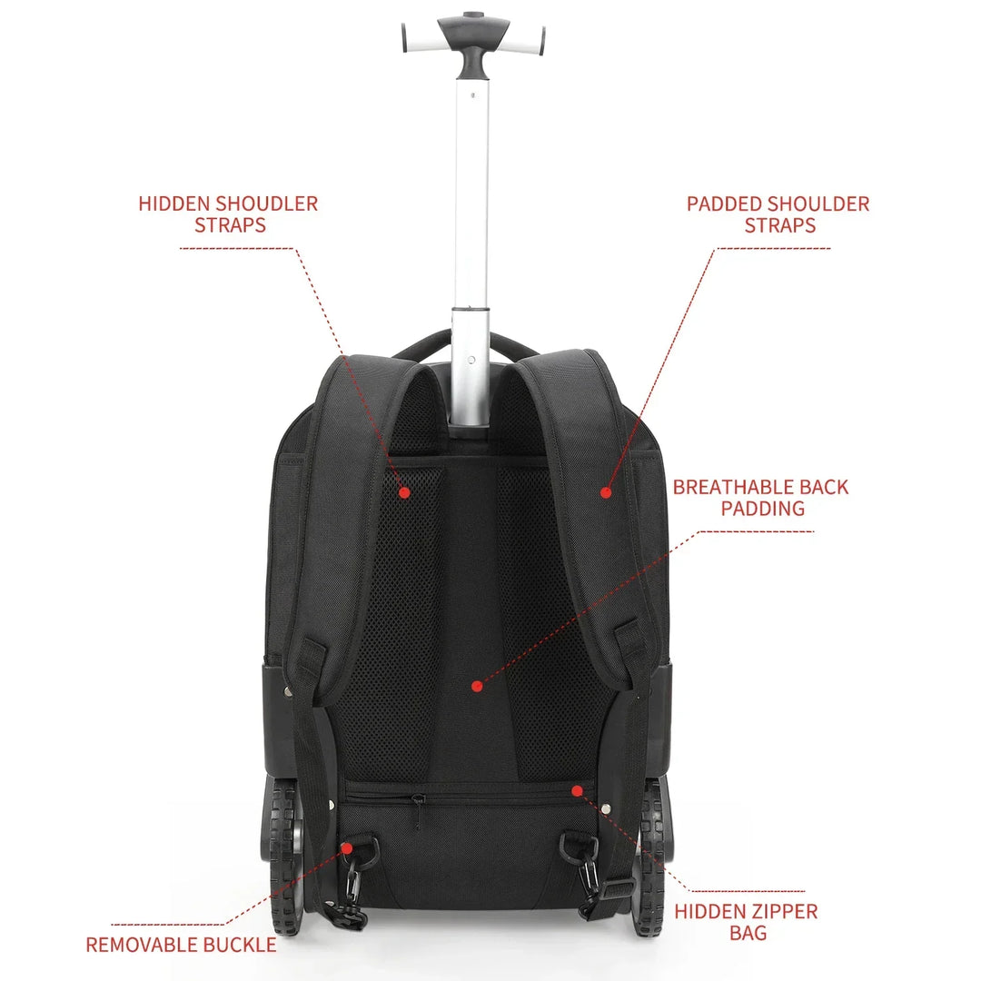 Compacte zwarte rolbare laptoprugzak Helsinki, ideaal als roltrolley en reisrugzak voor handbagage en zakelijk gebruik.