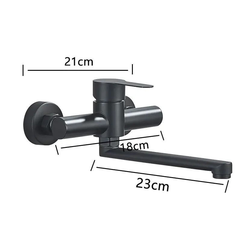 Elegante zwarte wandkeukenkraan met 360° draaibare uitloop en dubbele hendel. Modern design voor een strakke look.
