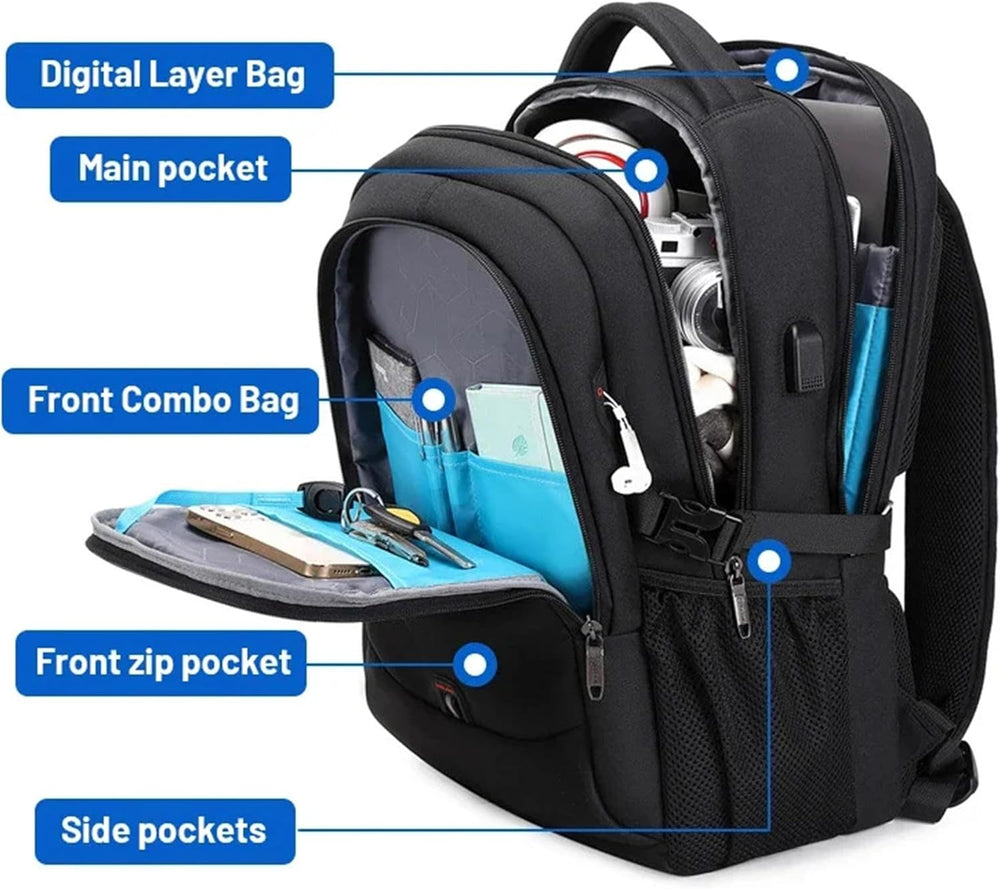 Binnenkant van de waterafstotende georganiseerde laptop rugzak met speciale vakken voor gadgets.
