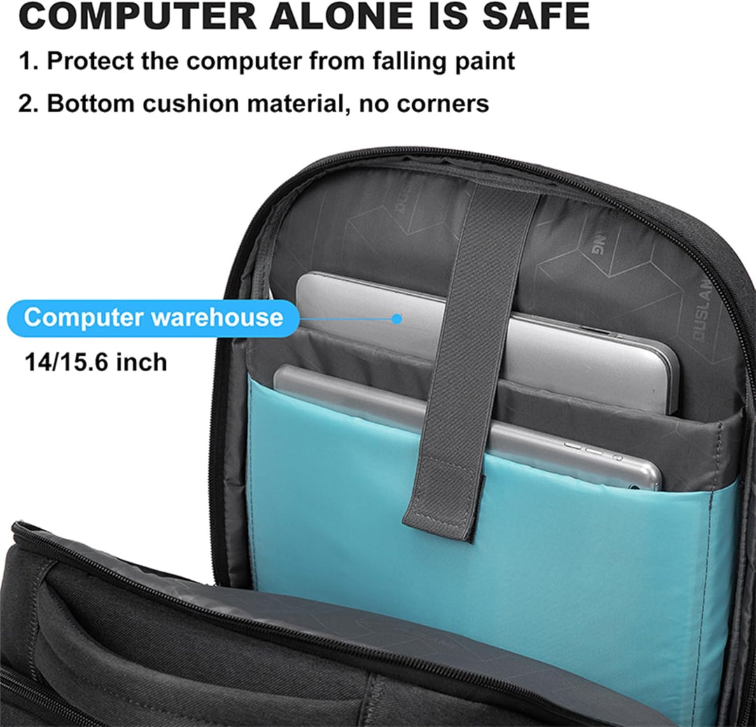 Unisex zwarte reistas/laptop rugzak gedragen; ergonomisch ontwerp voor optimaal comfort tijdens pendelen.