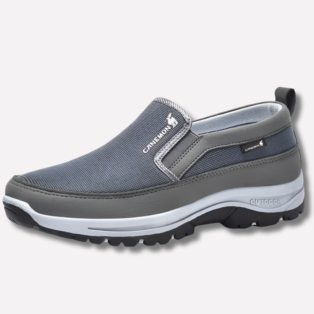 Grijze slip-on waterdichte herenschoenen, orthopedisch comfort & duurzaam voor buiten & casual gebruik.