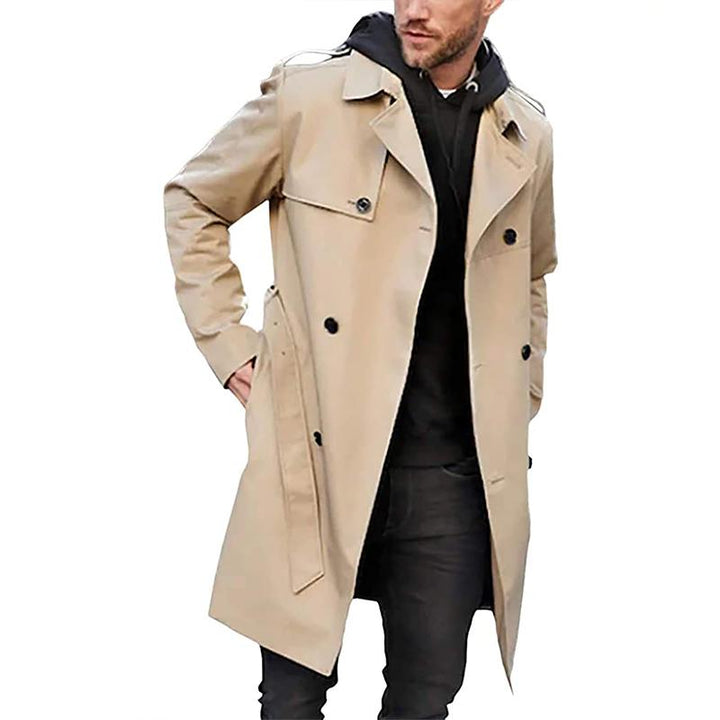 Double-breasted heren trenchcoat in bruin met reverskraag, elegant ontwerp voor formele en casual gelegenheden