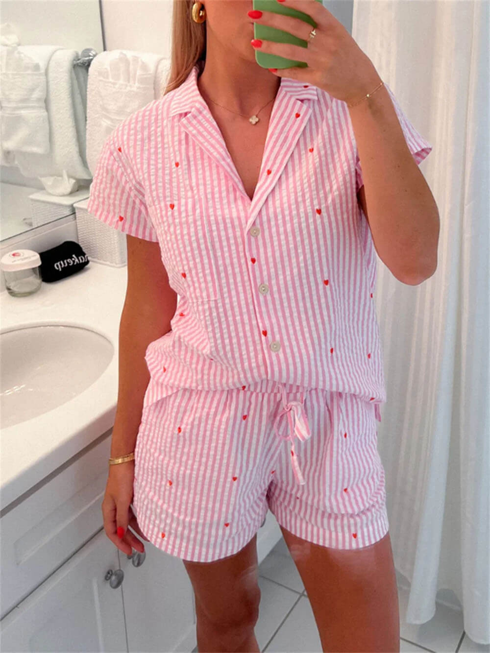 D tweedelige pyjama: overhemd met knoopsluiting, korte broek, elastische taille, comfortabel en stijlvol, dames loungeset