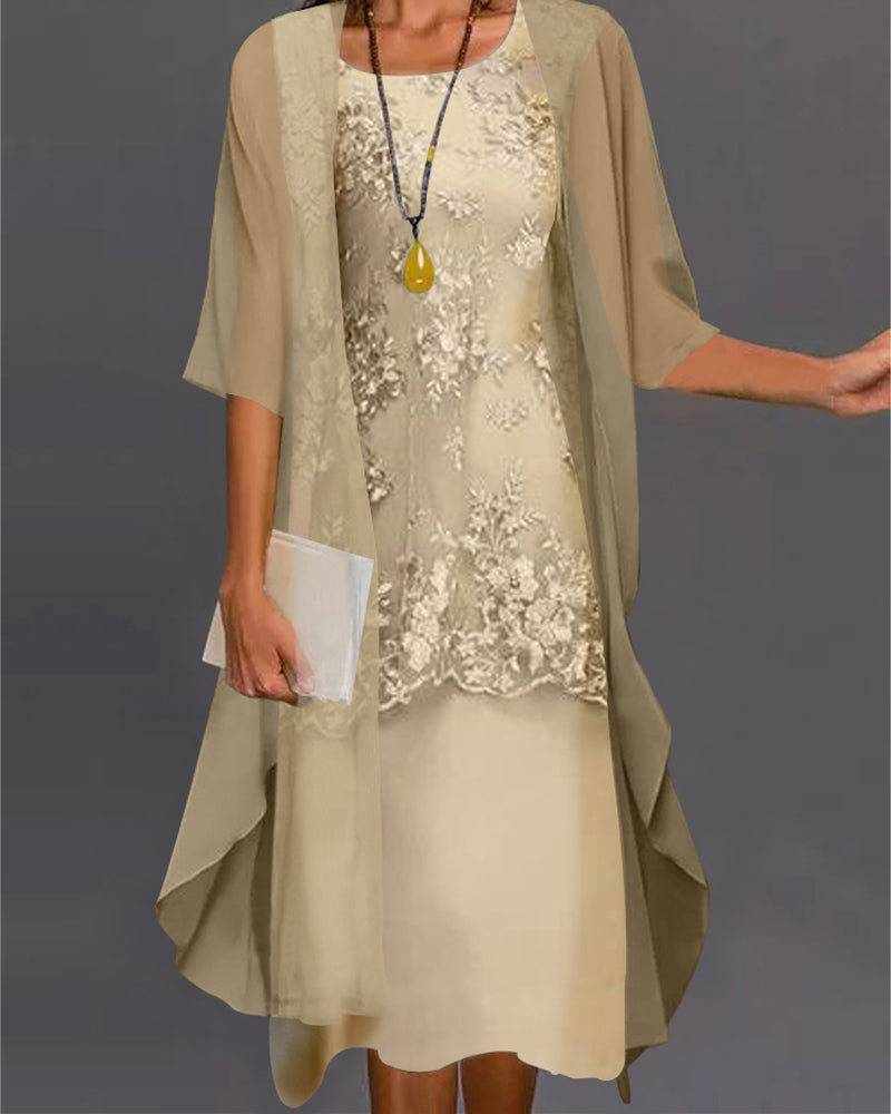 Dames tweedelige chiffonjurk, elegant effen ontwerp, ronde hals, flatterende pasvorm, verfijnde details.