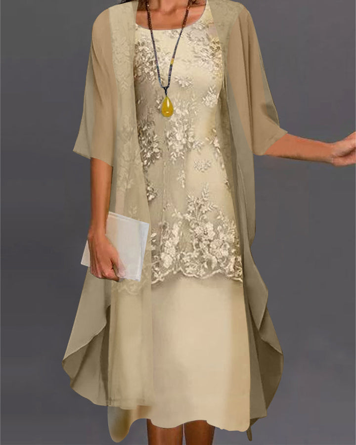Dames tweedelige chiffonjurk, elegant effen ontwerp, ronde hals, flatterende pasvorm, verfijnde details.