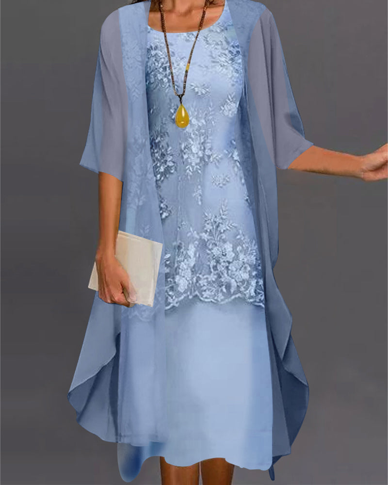 Dames tweedelige chiffonjurk, elegant effen ontwerp, ronde hals, flatterende pasvorm, verfijnde details.