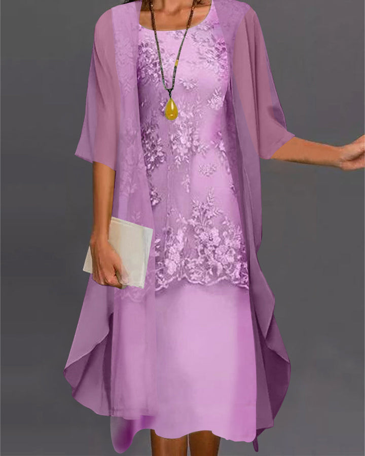 Dames tweedelige chiffonjurk, elegant effen ontwerp, ronde hals, flatterende pasvorm, verfijnde details.