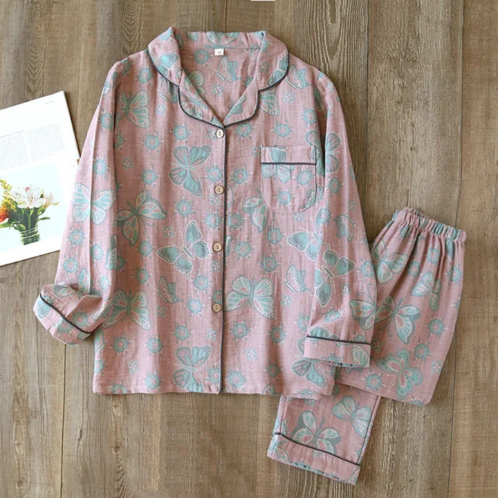 Dames tweedelige pyjamaset met bloemenprint, zacht materiaal, vrouwelijke look, ideaal voor comfortabele nachten.