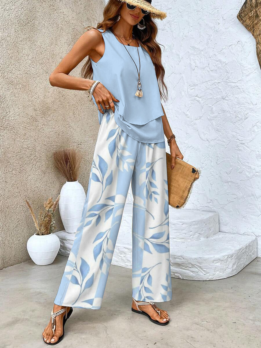 Dames tweedelige set: Mouwloze top & rechte broek in crème, slanke pasvorm, stijlvol voor elke gelegenheid, elegant silhouet.