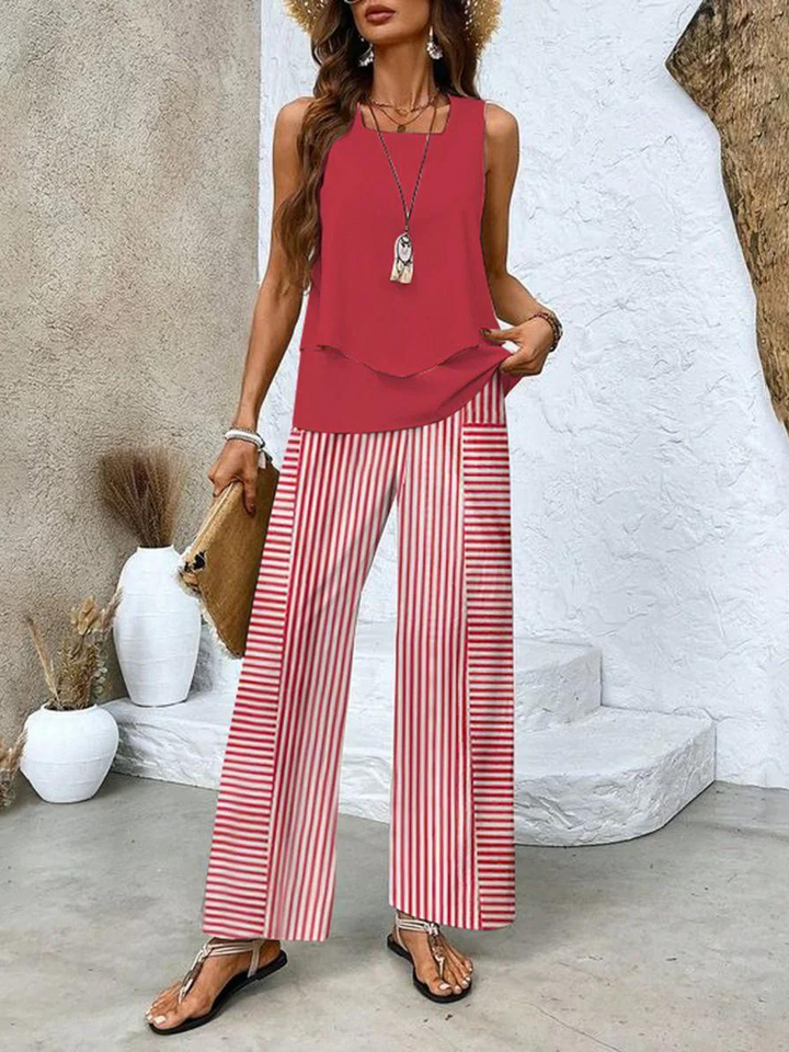 Dames tweedelige set: Mouwloze top & rechte broek in gestreept, slanke pasvorm, stijlvol voor elke gelegenheid, elegant silhouet.