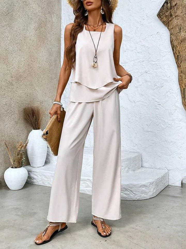 Dames tweedelige set: Mouwloze top & rechte broek in zwart, slanke pasvorm, stijlvol voor elke gelegenheid, elegant silhouet.