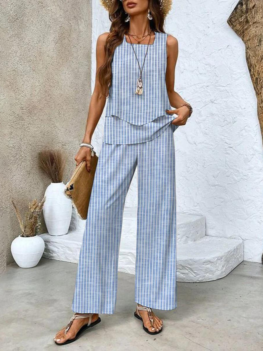Detail van de dames tweedelige set: mouwloze top en rechte broek.